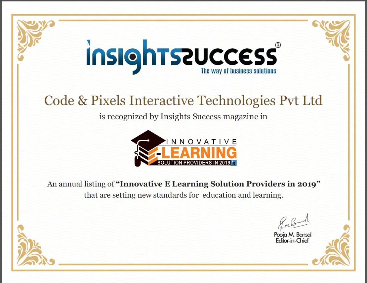 Code and Pixels is recognised by Insight Success Business Magazine as Innovative E-Learning Solution Providers in 2019